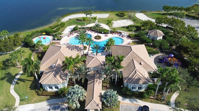 aerial view featuring a water view