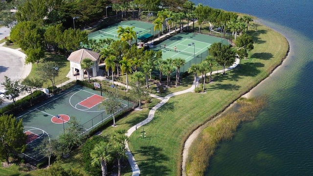 aerial view featuring a water view