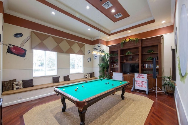 playroom with pool table, ornamental molding, dark hardwood / wood-style flooring, and a raised ceiling