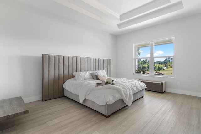 bedroom with a raised ceiling and light hardwood / wood-style floors