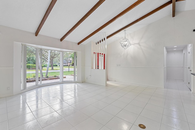 unfurnished room featuring high vaulted ceiling, a chandelier, beamed ceiling, and light tile patterned flooring