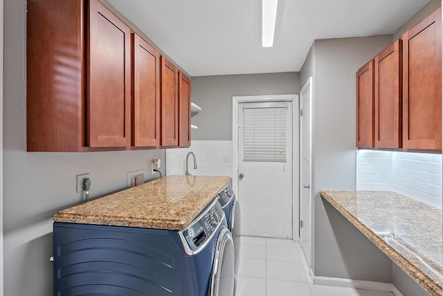 kitchen with light tile patterned flooring, washer and clothes dryer, decorative backsplash, and open shelves