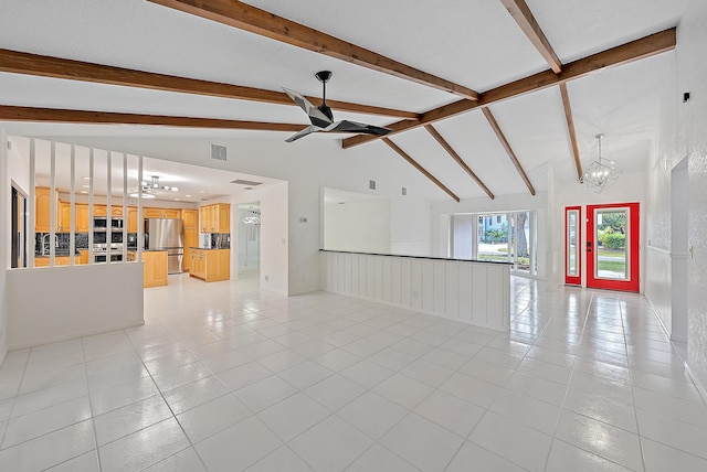 unfurnished living room with light tile patterned flooring, vaulted ceiling with beams, visible vents, and ceiling fan with notable chandelier