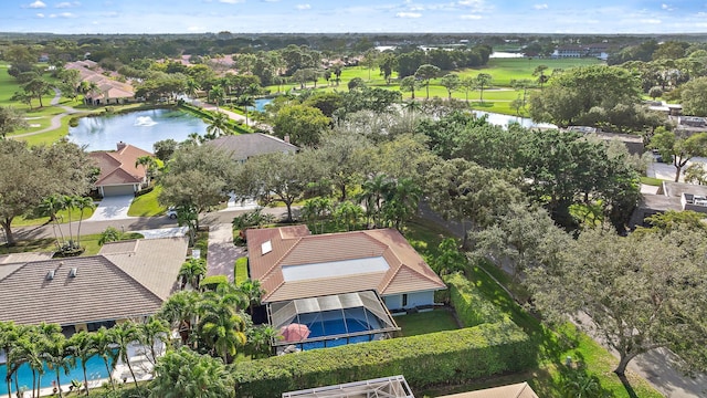 drone / aerial view with a water view