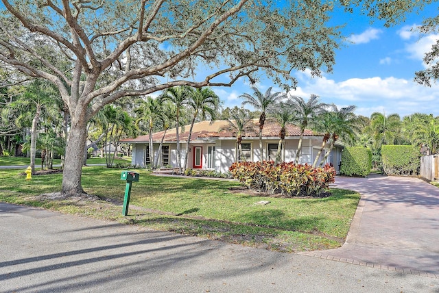 ranch-style home with decorative driveway, a front lawn, and stucco siding