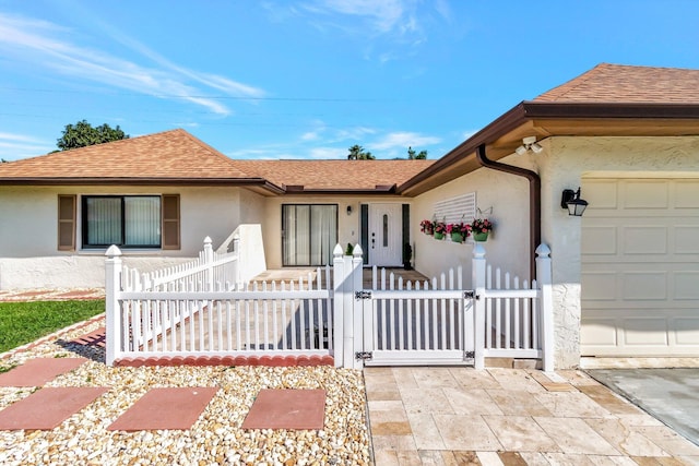 single story home featuring an attached garage, a fenced front yard, a shingled roof, and stucco siding