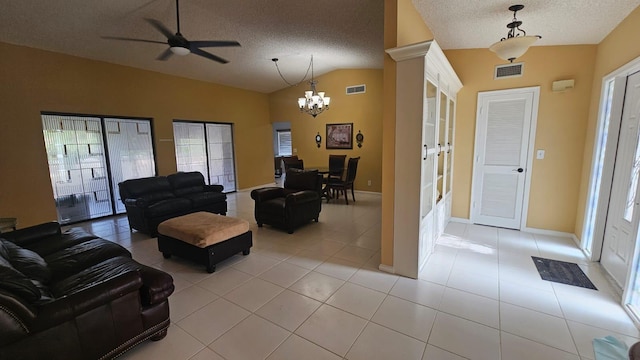 10298 Greentrail Dr N, Boynton Beach, FL 33436 - living area featuring lofted ceiling, a chandelier, a textured ceiling, light tile patterned floors, and ceiling fan