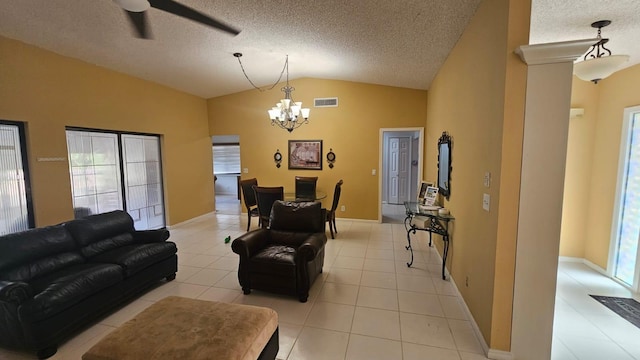 10298 Greentrail Dr N, Boynton Beach, FL 33436 - living room featuring vaulted ceiling, a chandelier, healthy amount of natural light, a ceiling fan, and a textured ceiling
