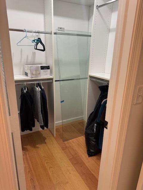 walk in closet with light wood finished floors