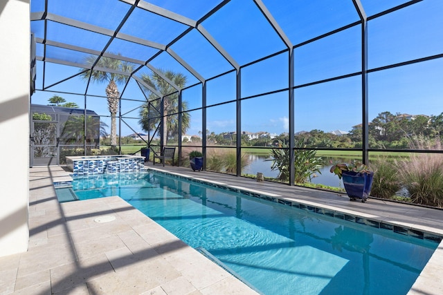 view of swimming pool with a patio area, an in ground hot tub, a water view, and glass enclosure