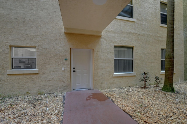 view of exterior entry with stucco siding