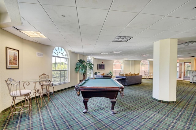 rec room with pool table, carpet, and baseboards