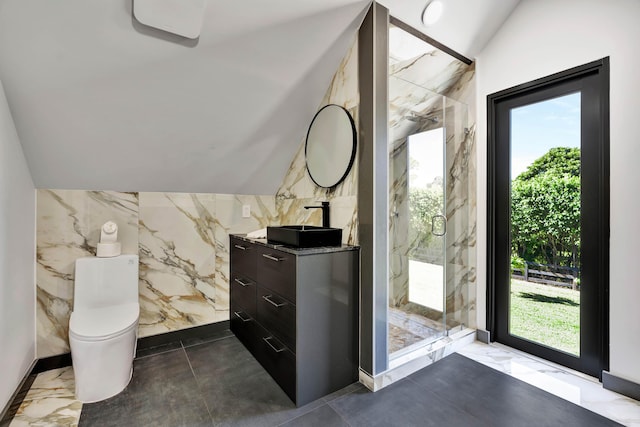 bathroom featuring vanity, lofted ceiling, a wealth of natural light, and walk in shower