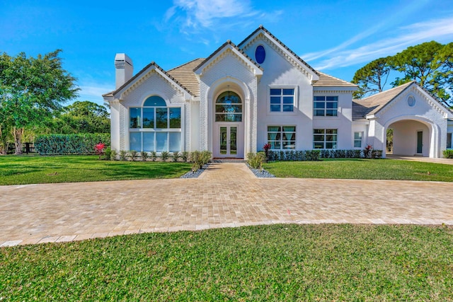 view of front of property featuring a front yard and french doors