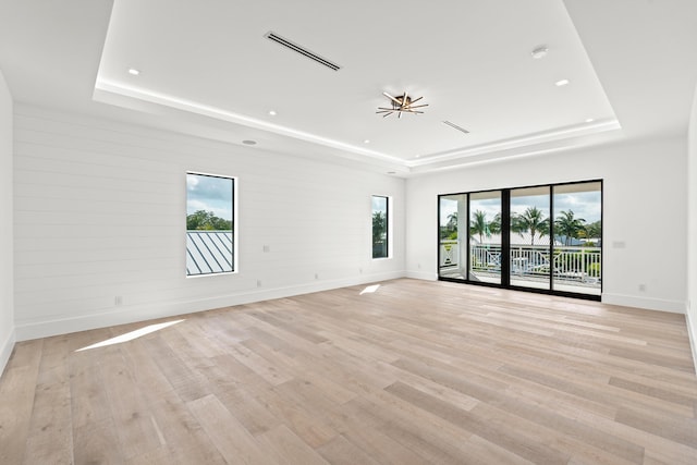 spare room featuring a tray ceiling, light hardwood / wood-style flooring, and a healthy amount of sunlight