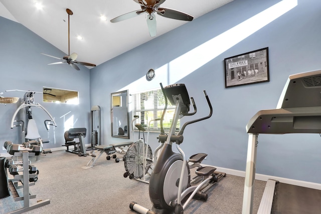 workout area featuring ceiling fan and high vaulted ceiling