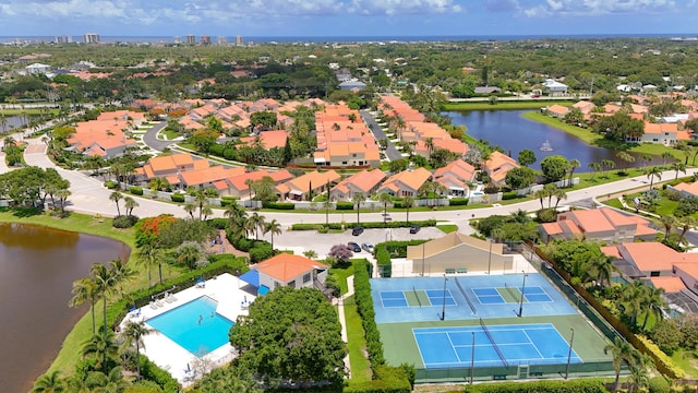 drone / aerial view with a water view