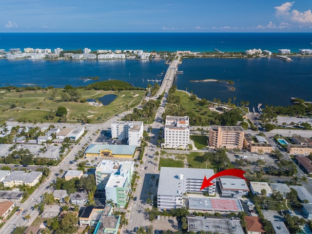 drone / aerial view with a water view