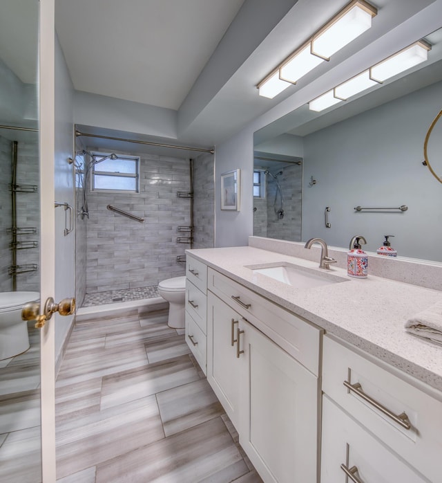 bathroom featuring vanity, a shower with shower door, and toilet