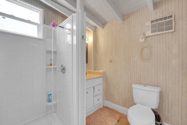 bathroom featuring vanity, beamed ceiling, a shower, wooden ceiling, and toilet