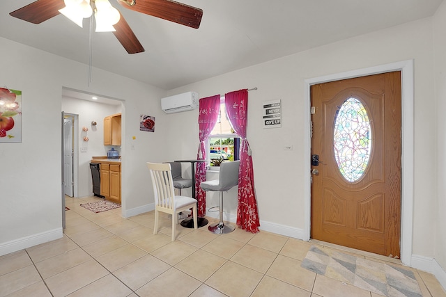 tiled foyer entrance featuring a wall mounted AC and ceiling fan