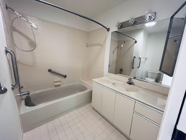 full bathroom with tile patterned floors,  shower combination, toilet, and vanity