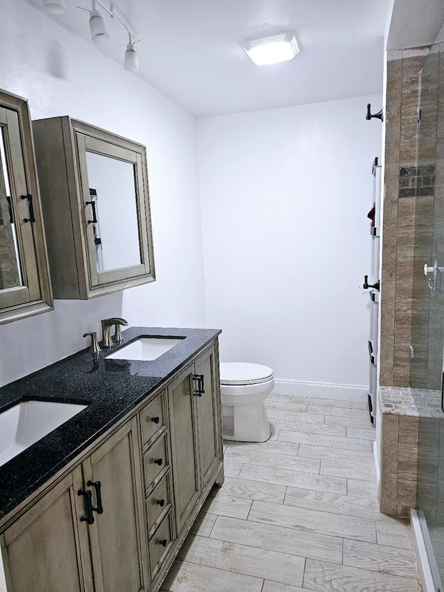 bathroom featuring a shower with door, vanity, and toilet