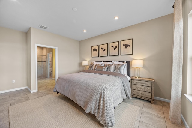 bedroom with recessed lighting, visible vents, baseboards, and light tile patterned floors