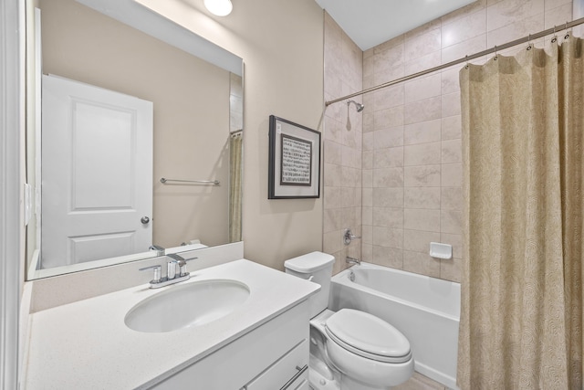 full bath featuring toilet, shower / tub combo with curtain, and vanity