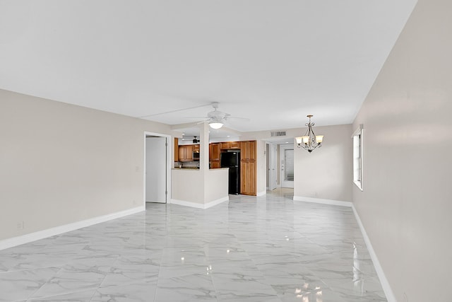 unfurnished living room with marble finish floor, visible vents, and baseboards