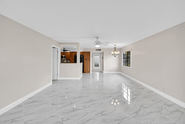 unfurnished living room featuring marble finish floor, visible vents, baseboards, and ceiling fan with notable chandelier