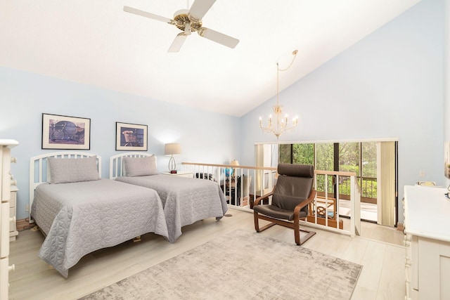 bedroom with ceiling fan with notable chandelier, access to exterior, high vaulted ceiling, and light hardwood / wood-style flooring