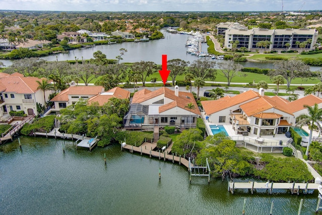 aerial view featuring a water view