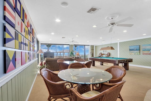 recreation room featuring crown molding, light colored carpet, ceiling fan, and billiards