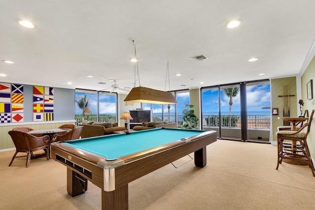 recreation room featuring visible vents, billiards, light colored carpet, and floor to ceiling windows