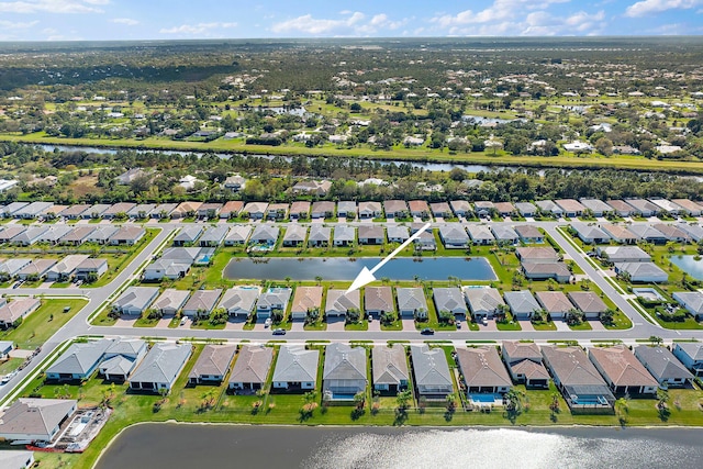 drone / aerial view with a water view