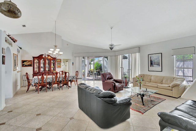 9158 Heathridge Dr, West Palm Beach, FL 33411 - tiled living room with lofted ceiling and ceiling fan with notable chandelier