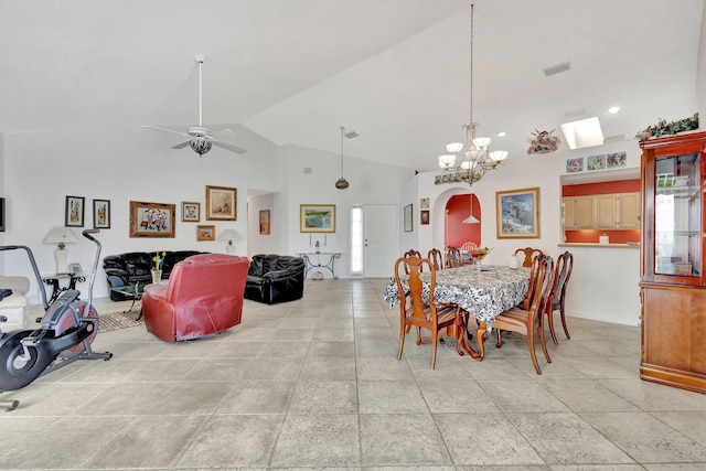 9158 Heathridge Dr, West Palm Beach, FL 33411 - dining room featuring ceiling fan with notable chandelier and high vaulted ceiling