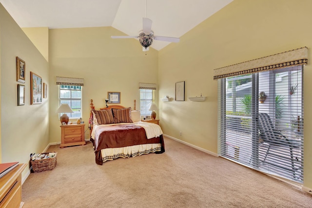 9158 Heathridge Dr, West Palm Beach, FL 33411 - carpeted bedroom with multiple windows, high vaulted ceiling, and ceiling fan