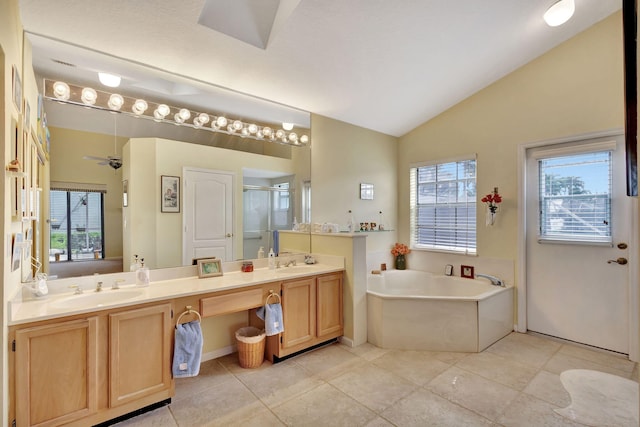 9158 Heathridge Dr, West Palm Beach, FL 33411 - bathroom with tile patterned flooring, vanity, separate shower and tub, and vaulted ceiling