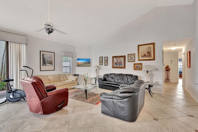 9158 Heathridge Dr, West Palm Beach, FL 33411 - living room featuring ceiling fan, high vaulted ceiling, and light tile patterned floors