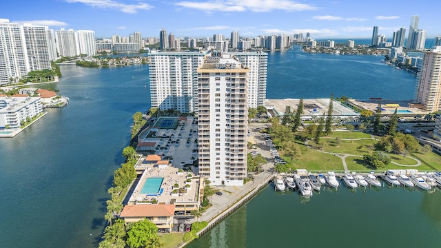 drone / aerial view with a view of city and a water view