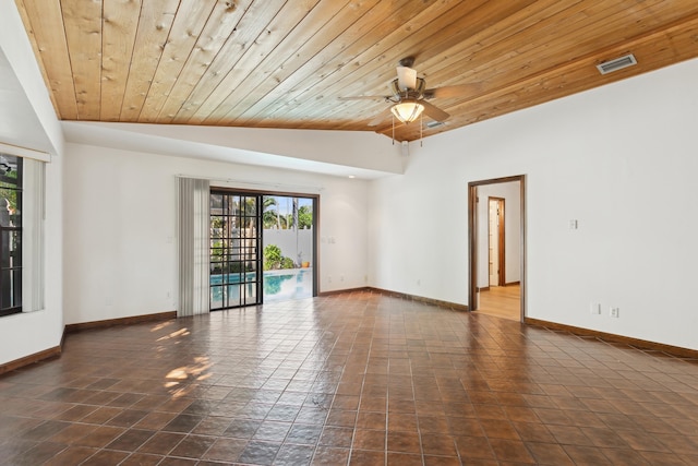 spare room featuring wood ceiling, vaulted ceiling, and ceiling fan