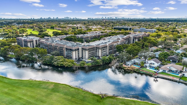 aerial view with a water view and a view of city