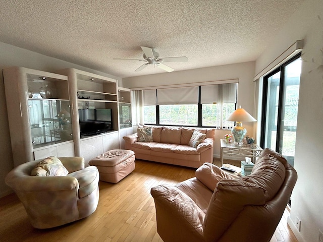 living room featuring a textured ceiling, ceiling fan, and light wood-type flooring