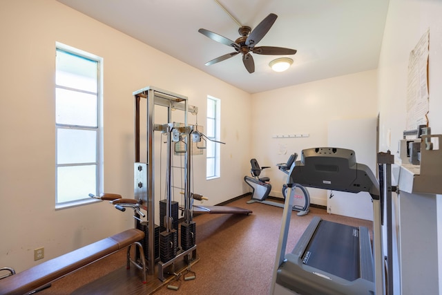 workout room featuring a wealth of natural light and ceiling fan