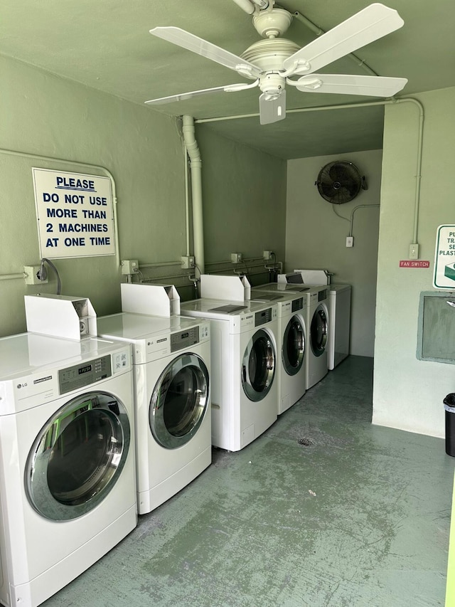 washroom featuring washer and dryer and ceiling fan