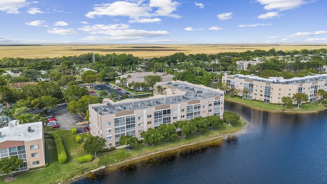 bird's eye view with a water view