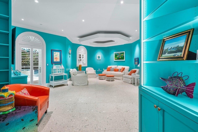 sitting room featuring recessed lighting and crown molding