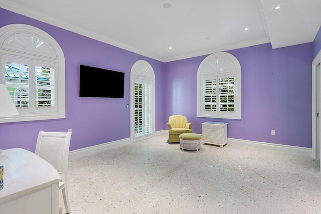 sitting room featuring ornamental molding, recessed lighting, and baseboards